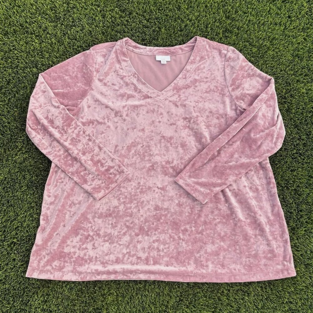 J. Jill Women’s Pink Crushed Velvet Velour Stretch V-Neck Long Sleeve Blouse 2X